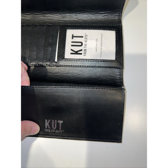 Kut From the Kloth Wallet Slim Black White Striped Vegan Leather Tri Fold Snap - Picture 3 of 12